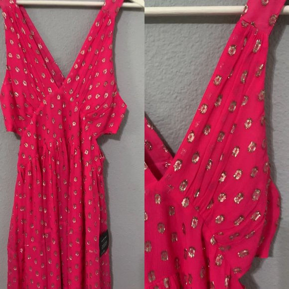 NEW Lulus Magenta Pink Sleeveless Polka Dot Cutout Maxi Tiered Dress Size Medium - Picture 3 of 11